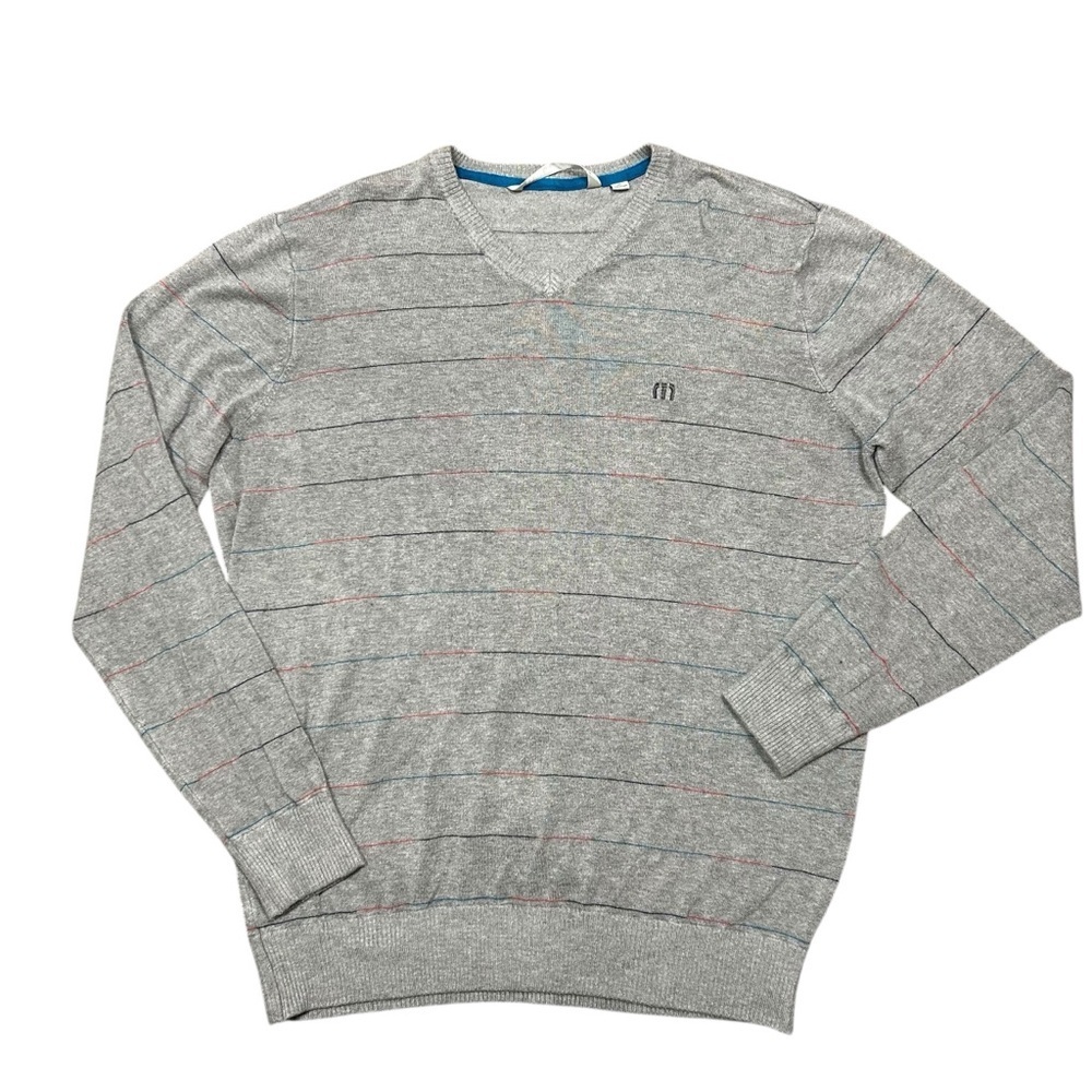 Travis Mathew men’s v neck gray rainbow striped sweater size XL pullover
